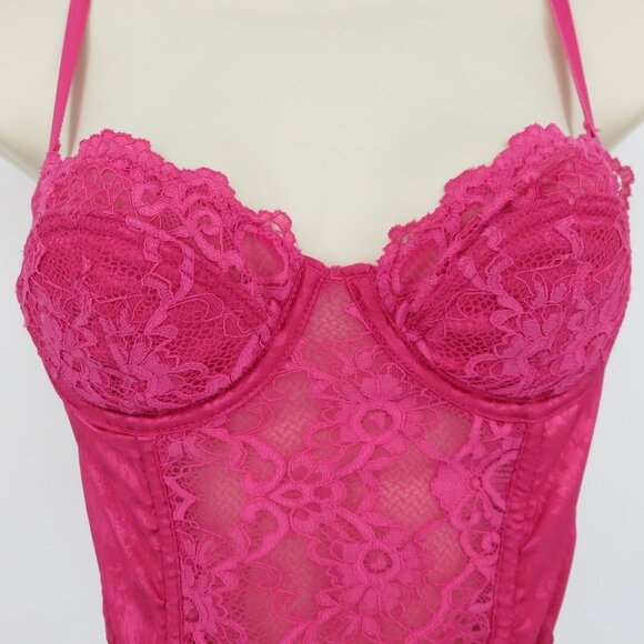 Women Small Pink Flower Floral Lace Underwire Longline Bra Boning Corset Top - Picture 3 of 13